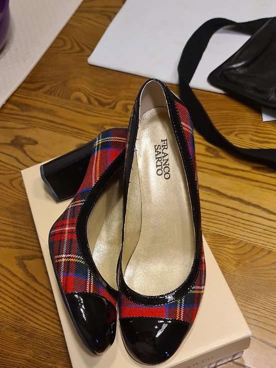 Franco Sarto Shoes - Franco Sarto Red Plaid Pumps with Black Patent Cap-Toe